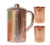 Brocca in rame puro con 2 bicchieri per i benefici per la salute ayurvedici Brocca per acqua in rame martellato artigianale da 1,5 litri con 2 tazze