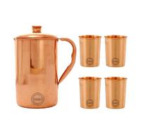 Brocca in rame puro con 4 bicchieri per i benefici per la salute ayurvedici Brocca per acqua in rame semplice fatta a mano da 1,5 litri con 4 tazze