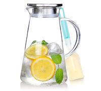 Brocca in vetro da 2 litri con coperchio, facile da pulire, resistente al calore, manico per bevande calde/fredde, acqua, infusione fredda, tè freddo e succhi, con 1 pennello a manico lungo incluso