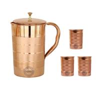 Brocca per acqua potabile in rame puro con 3 bicchieri per i benefici per la salute dell'Ayurveda Brocca tradizionale in rame per bere 1,5 litri 50,7 once (Silver Touch)