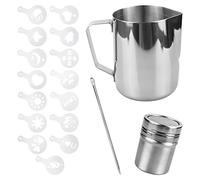 Brocca per latte 600 ml, scuotitore per polvere con coperchio, Pull Flower Moldan e Latte Art Pen in acciaio inox, per cioccolata calda, cappuccino, caffè, latte Art Maker (600 ml)