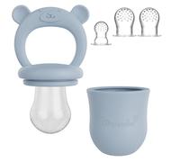 Broemba - Succhietto per frutta e 3 ciucci, blu, 100% silicone, con massaggiagengive per frutta, verdura e alimenti per bambini, senza BPA