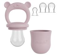 Broemba - Succhietto per frutta e 3 ciucci, rosa, 100% silicone, con massaggiagengive per frutta, verdura e alimenti per bambini, senza BPA