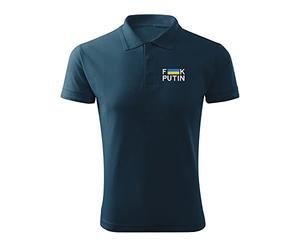 BroiderStudio Fu*k Putin Stand with Ukraine Flag Inspired War Polo da Uomo in Piquet con Logo Originale Ricamato Blu Scuro Size L