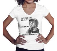 BroiderStudio Steve McQueen Biker Cool Retro Classic How Are The Brakes Don't Know Camicia Donna con Scollo a V Bianco Size XXL