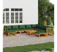 Brokky 3155324 Set Salotto da Giardino 11pz con Cuscini Verdi Legno Massello Set Patio Tavolo Basso, Mobili Resistenti ai Raggi U V da Esterno, Balcone, Giardino, Terrazzo, Bistrot