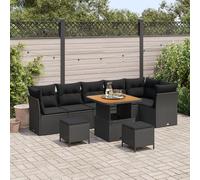 Brokky 3361499 Set di Divani da Giardino da 9 Pezzi con Cuscini Rattan Nero Acacia, Set da Pranzo da Giardino da 3 Pezzi con Cuscini Rattan Nero Acacia Set da Pranzo per Esterno,Mobili da Giardino Sal