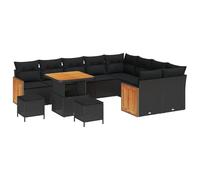 Brokky 3365289 Set Divano da Giardino 12 Pezzi con Cuscini Nero Polyrattan Acacia,Set da Pranzo da Giardino 3 Pezzi con Cuscini Nero Polyrattan Acacia Set da Pranzo per Esterno,Mobili da Giardino Sal