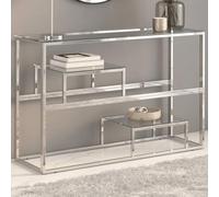 Brokky 350001 Tavolino Consolle Argento Acciaio Inossidabile Vetro Temperato Tavolo da Console con Ripiani,Tavolino Vintage,Mobile Ausiliario in Legno,per Soggiorno,Ingresso,Corridoio