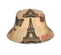BROLEO Cappello alla pescatora riflettente con stampa vintage della Torre Eiffel Eiffel e farfalle, design elegante e funzionale su entrambi i lati per protezione solare, nero