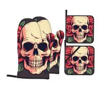BROLEO Day of The Dead Sugar Roses Skull Printed Kitchen Baking Set da 4 pezzi - guanto da forno isolato e presine, anti-scottatura e isolamento termico