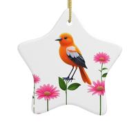 BROLEO Decorazione natalizia in ceramica con ciondolo a forma di uccellino arancione tra i fiori, facile da appendere, molto adatto per decorare alberi di Natale