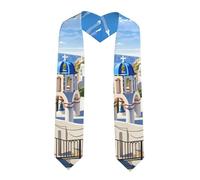 BROLEO Fascia in raso appiattito Santorini con stampa vista sul mare con stampa di laurea scialle di laurea 182,9 cm, regalo di laurea per lei/lui, Angolo acuto, Taglia unica