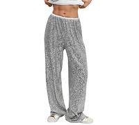 BROLEO Pantaloni a gamba dritta, pantaloni con paillettes alla moda larghi per donne per appuntamenti, Argento, M