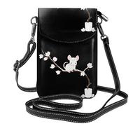 BROLEO Piccola borsa per cellulare 19,3 x 12,4 cm, motivo: topolino su ramo di magnolia, in pelle, con patta a tracolla, perfetta per passeggiate, campeggio