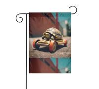 BROLEO Piccola tartaruga su una macchina giocattolo stampa asta bandiera giardino decorazione cortile esterno double face 30,5 x 45,7 cm