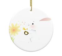 BROLEO Piccolo coniglio che soffia tromba fiore stampato albero di Natale in ceramica appeso ciondolo rotondo -7,4 cm dotato di resistente cavo in filo d'oro