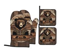 BROLEO Rustic Lodge Bear - Set da 4 pezzi con presine e guanto da forno isolanti, anti-scottatura e isolamento termico