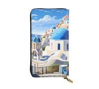 BROLEO Santorini - Pochette lunga in pelle con stampa dell'isola greca e vista mare, per ragazze e donne alla moda, durevole, elegante e funzionale, Nero , Taglia unica