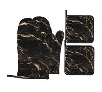 BROLEO Set da cucina con stampa in marmo nero e oro, guanti da forno, tuta in quattro pezzi ispessita e isolata