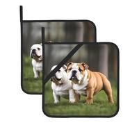 BROLEO Set di 2 presine da 20,3 x 20,3 cm, resistenti al calore e durevoli, accessori da cucina con tessuto impermeabile, immagine di bulldog inglesi