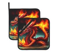 BROLEO Set di 2 presine da 20,3 x 20,3 cm, resistenti al calore e durevoli, accessori da cucina con tessuto impermeabile, immagine di Dragon King in Fire