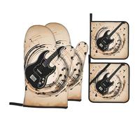 BROLEO Set di 4 pezzi con stampa di strumenti musicali per chitarra e basso, guanti da forno isolati e presine, anti-scottatura e isolamento termico