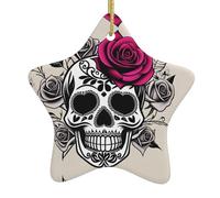 BROLEO Sugar Horror Skull Flowers Rose Pattern Christmas Ceramic Star Pendant Ornament Facile da appendere, molto adatto per decorare alberi di Natale