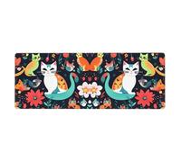 BROLEO Tappetino per mouse extra large con stampa di gatti, uccelli e fiori, forte adesione, durevole, bordo di bloccaggio preciso 30,5 x 80 cm