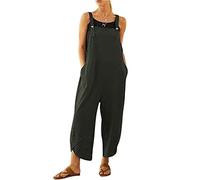 BRONG Salopette da donna casual allentata salopette in morbido cotone e lino tuta da donna ampia con spalline regolabili con tasche, Verde, L