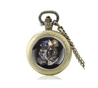 (Bronzo) Un gruppo di lupi sotto la luna Orologio da tasca al quarzo vintage nero da uomo e da donna