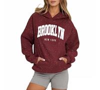Brooklyn New York Felpe con cappuccio da donna autunno lettera backwoods pullover top Workou grafica casual felpe carino sottile college Y2K gotico comfort country cartoon trendy, Rosso, XL