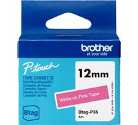 Brother Btag-P35 | Nastro originale per etichettatrici PTN10 PTN20, PTN25BT | Bianco su Rosa | Ampiezza 12 mm | Lunghezza 4 m
