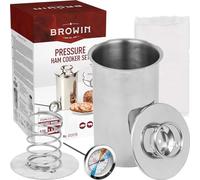 Browin 313115 Casseruola per prosciutto in Acciaio Inox, 1,5 kg, Colore Argento, Set con termometro per Cucinare e Sacchetti per la Produzione di salumi Fatti in casa, 11 x 11 x 18 cm, Inossidabile