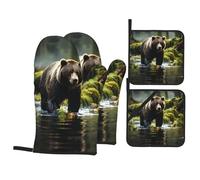 Brown Bear Pounce - Set di 4 guanti da forno e presine, resistenti alle alte temperature, in silicone antiscivolo