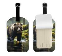 Brown Bear Pounce - Targhetta per bagagli in pelle PU, double-face, personalizzabile con copertura per la privacy