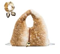 Brown Deer Print Dumpling Bag for Women, Fall Faux Fur Animal Handbag, Retro Plush Large Capacity Chain Shoulder Bag