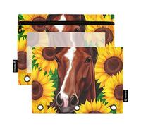Brown Horse Vibrant Sunflowers - Astuccio per matite con 3 anelli, con cerniera, per la scuola, trasparenti, per ragazzi, 24,9 x 18 cm, 2 confezioni