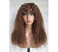 Brown Kinky Curly Human Hair Wig with Bangs Marrone Onda d'acqua capelli parrucca umana con frangia Hlight Glueless Brasiliana Curly Wig with Bang for Black Women senza colla 16 inch
