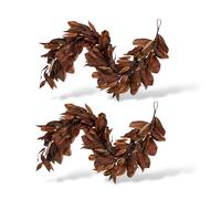 Brown Magnolia Leaf Garland 6FT, Artificial Fall Garland with Pinecones & Berries, Realistic Autumn Leaves for Fireplace Mantel, Table, Porch, Thanksgiving & Christmas Decor (2pcs)