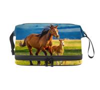 Brown Mare and Little Foal - Trousse per cosmetici a doppio strato, per donne e ragazze, trousse da viaggio per trucchi, pratica borsa organizer con scomparto per pennelli, Multi, 27x15x14