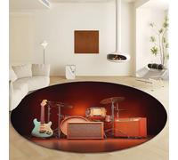 Brown Round Area Rug, Soft Low Pile Machine Washable Carpet - Non Slip Faux Wool Rock Music Instruments Guitar Rugs for Living Room Bedroom Dining Room Office Home Decor Diameter 120 cm