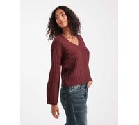 Brown Soul - Maglione color vinaccia a coste con scollo a V profondo-Rosso XL