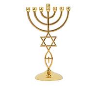 BRTAGG Candelieri Menorah con 7 rami, altezza 21 cm, design a stella di David - Decorazioni per la casa ebraica placcate in oro (modello 3829)