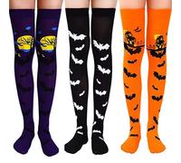 BRTNUP 3 paia di calzini alti per Halloween da donna e ragazza, sopra il ginocchio, calzini lunghi, con stampa di pipistrello e scheletro di Halloween, calze alte (multicolore A)