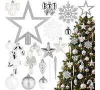 BRUBAKER 101 Pezzi di Decorazioni per Albero di Natale di Qualità Superiore - Set di Baubles Natalizi con Glitterati, Fiocchi di Neve, Fiocchi, Ghiaccioli, Stelle e Coperchio per Albero - Argento