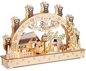 Brubaker Arco di Candele 3D - Casa di Natale nella Foresta con Lanterne - Luci di Natale LED in Legno Naturale - 27 x 40 x 7,5 cm - Decorazione Natalizia Dipinta a Mano per Tavolo e Davanzale