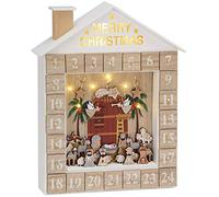 Brubaker Calendario dell'Avvento in Legno a Forma di Casa, Che Rappresenta Il Presepe con I Suoi Personaggi (35,5 x 6 x 27 cm con Luci LED) Bianco/Naturale