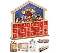 Brubaker Calendario dell'Avvento in Legno a Forma di Casa, Che Rappresenta Il Presepe con I Suoi Personaggi - Blu/Rosso - 34,5 x 32 x 6 cm