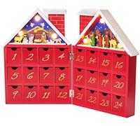 Brubaker Calendario dell'Avvento Riutilizzabile in Legno da riempire - casa di Natale Rossa con presepe e Illuminazione a LED - Calendario di Natale Fai-da-Te 21 x 9 x 30 cm